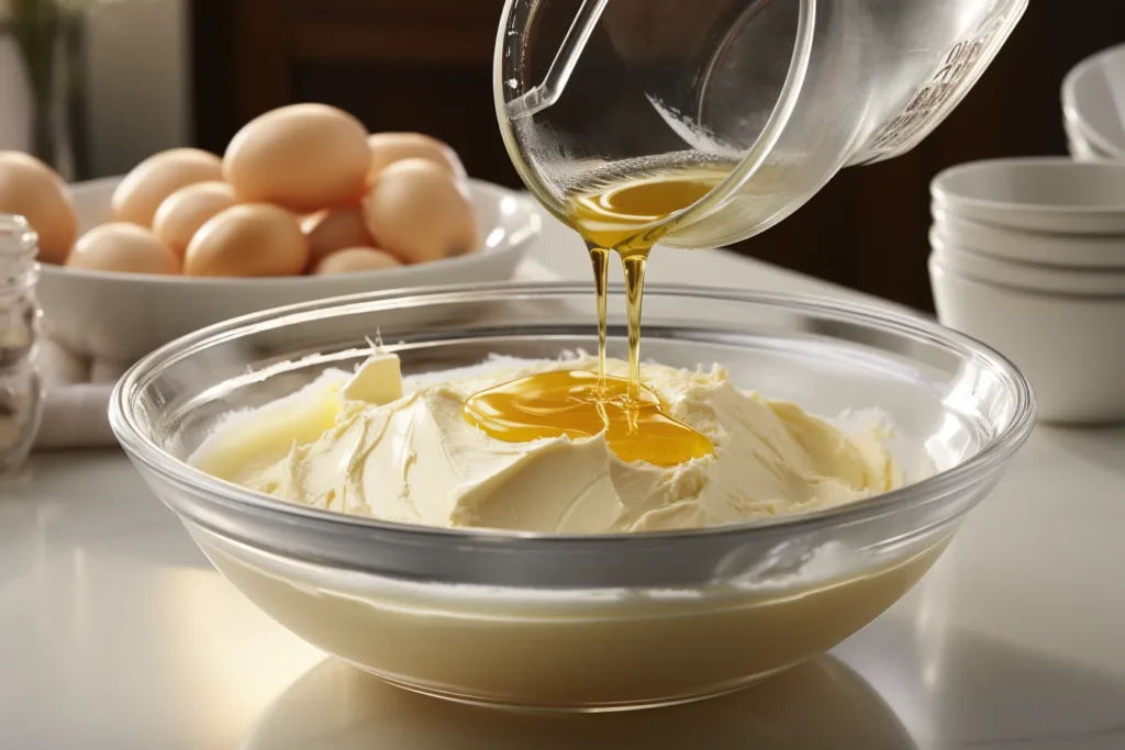 Mixing Process: A hand whisking the olive oil and sugar in a bowl, showing the glossy texture of the batter.