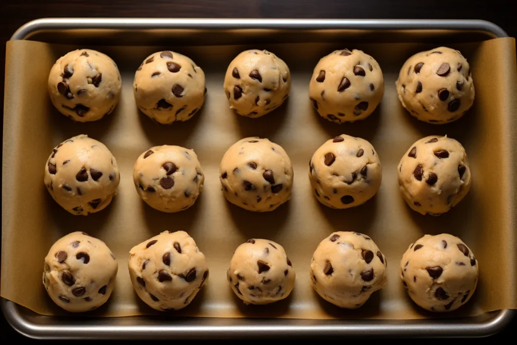 Shaped Dough: Cookie dough balls placed evenly on a baking tray lined with parchment paper.