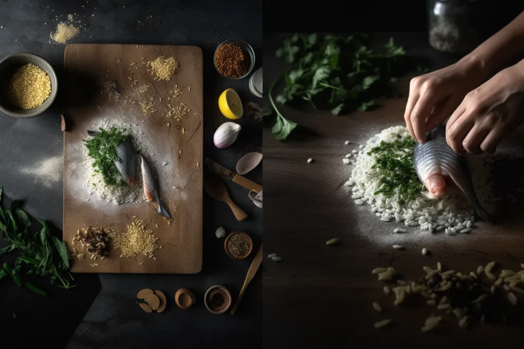 Step-by-step preparation of homemade fish food with natural ingredients.
