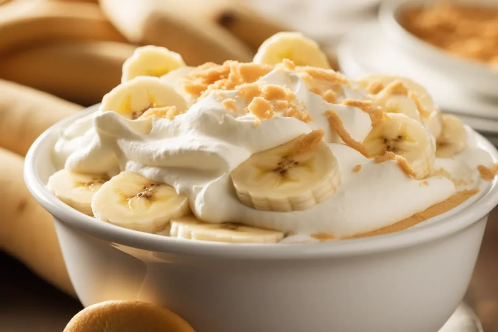 Step-by-step preparation of banana pudding, highlighting layers of wafers, bananas, and pudding.

