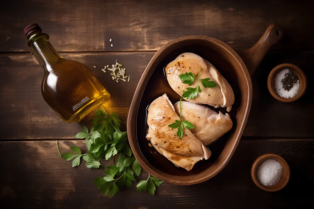 lat-lay of balsamic chicken ingredients including balsamic vinegar, honey, garlic, and raw chicken on a rustic countertop.