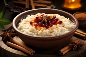 A bowl of creamy rice pudding topped with a sprinkle of cinnamon and a fresh mint leaf. The dish sits on a wooden table, surrounded by small bowls of garnishes like berries and cinnamon, in a bright, cozy kitchen setting