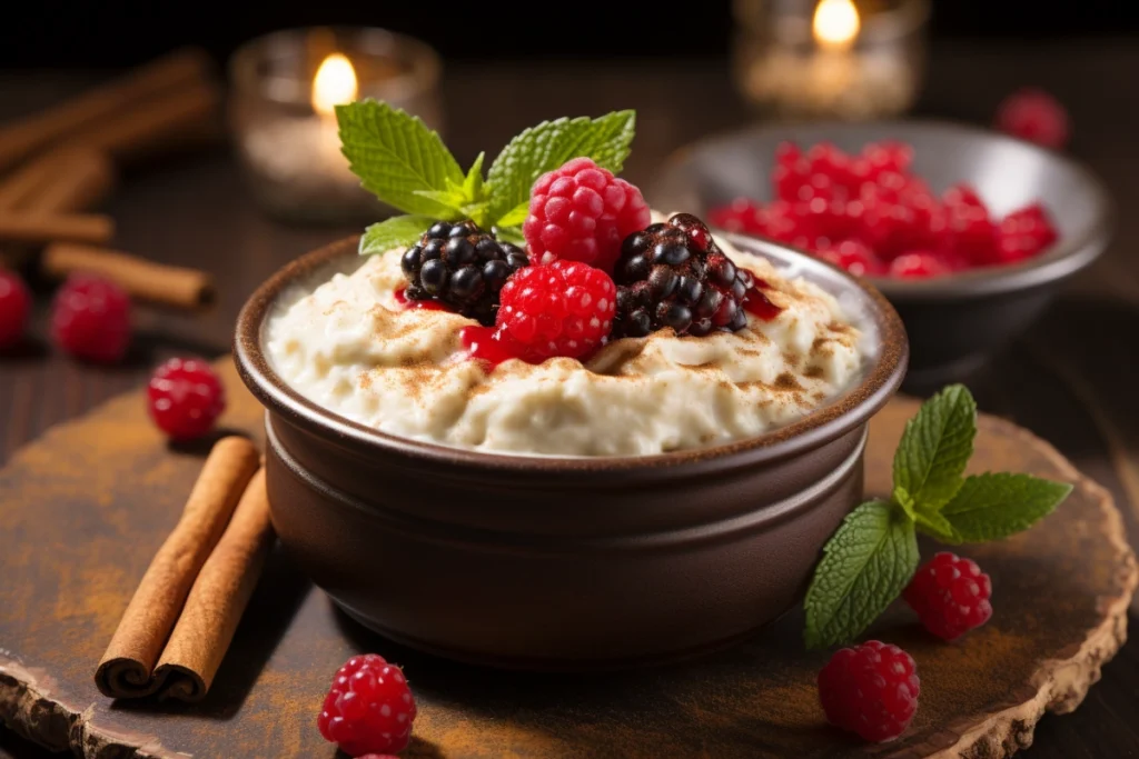 Ingredients for rice pudding displayed on a kitchen counter, including rice in a glass bowl, a jug of milk, sugar in a dish, vanilla extract, and a cinnamon stick, with a wooden spoon and measuring cups nearby. Shot in a warm, well-lit kitchen.