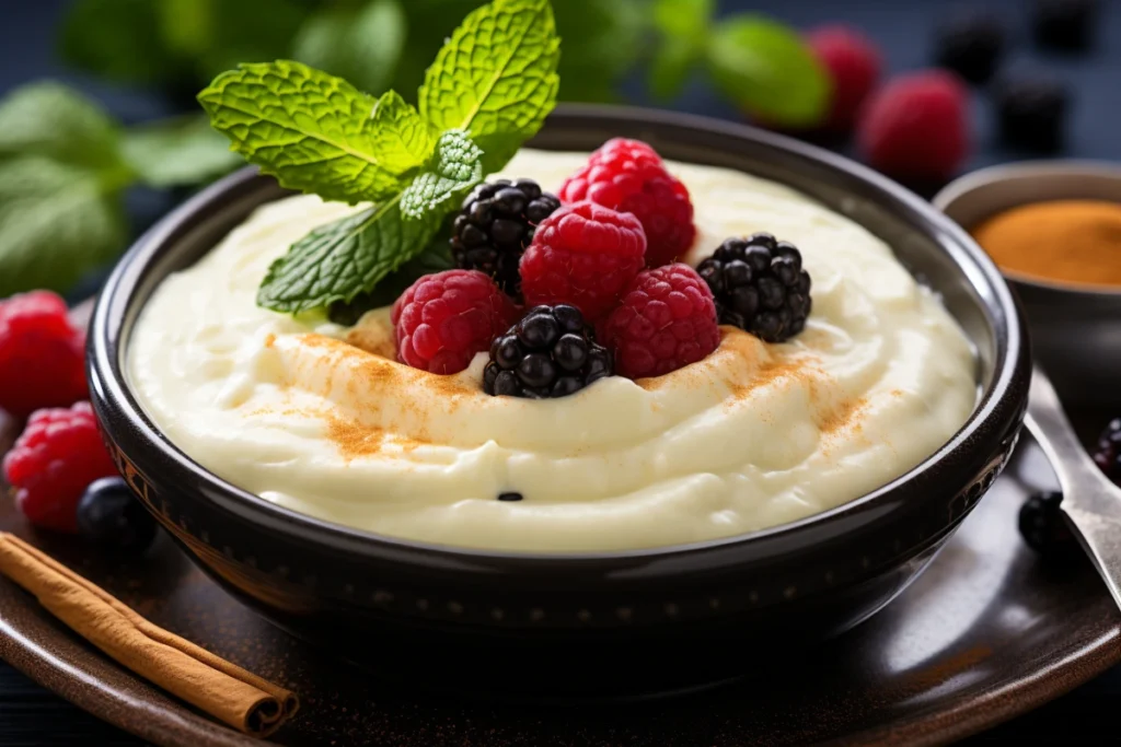 A bowl of creamy rice pudding topped with a sprinkle of cinnamon and a fresh mint leaf. The dish sits on a wooden table, surrounded by small bowls of garnishes like berries