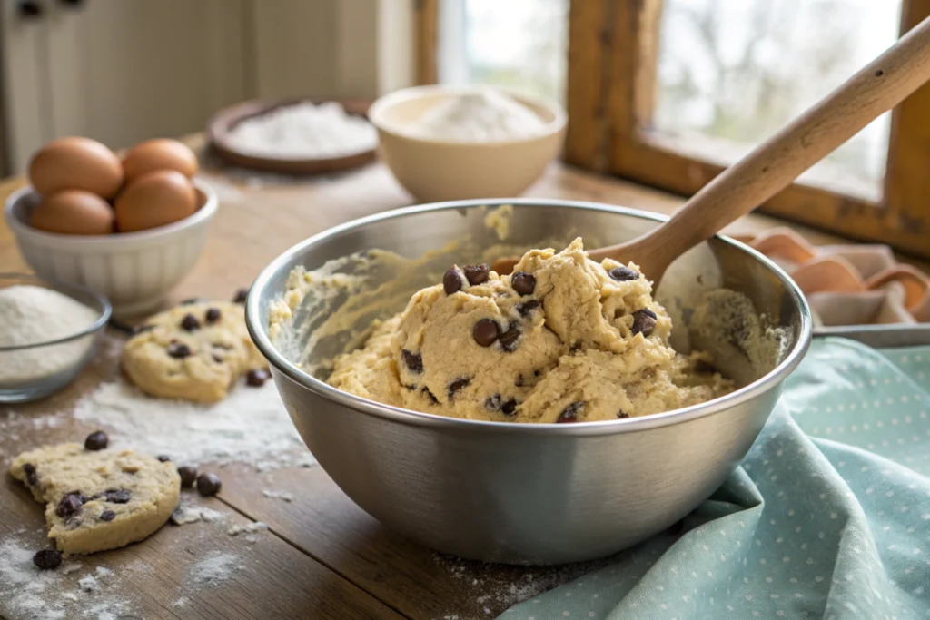Cookie dough with chocolate chips in a mixing bowl on a rustic countertop.