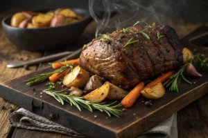 A steaming roast is presented on a wooden cutting board, garnished with rosemary and surrounded by roasted root vegetables.