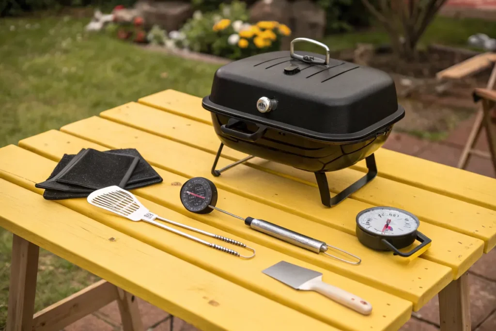 A small, portable black grill sits on a bright yellow table outdoors, along with grilling accessories.