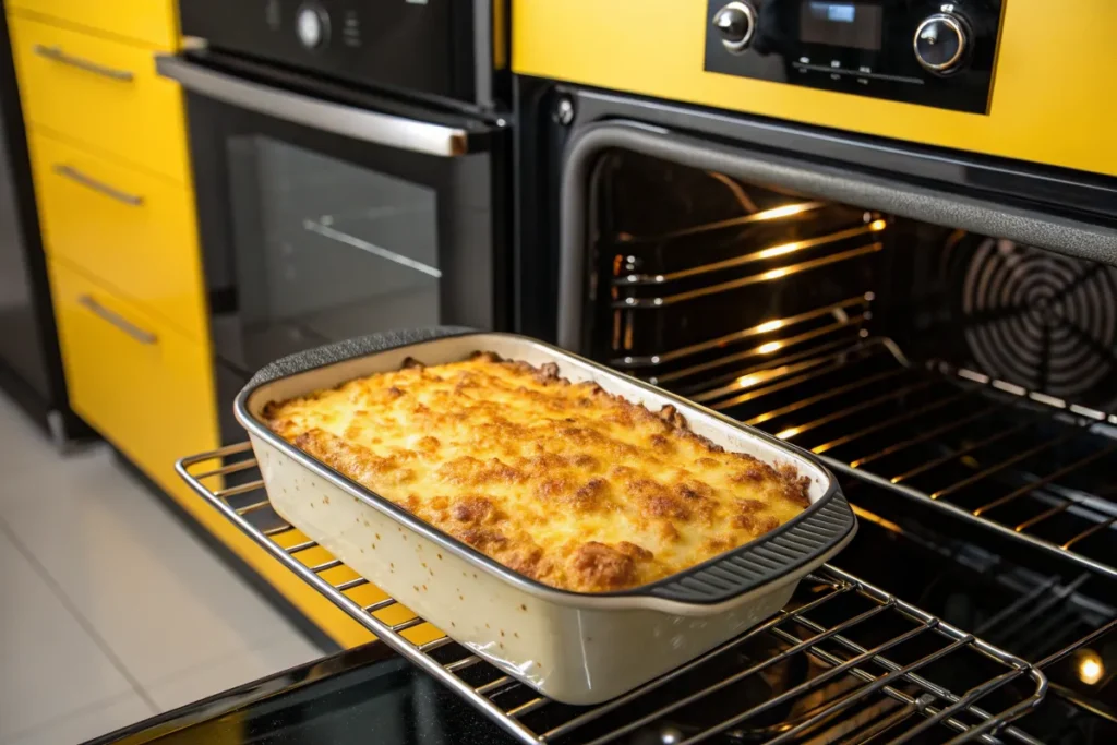 A bubbling, golden-brown casserole dish rests on an oven rack, partially pulled out of the oven.