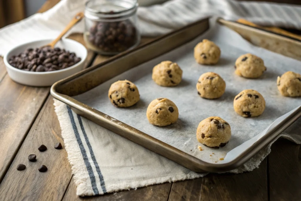 Cookie dough balls with chocolate chips on a baking sheet lined with parchment paper, prepared for baking