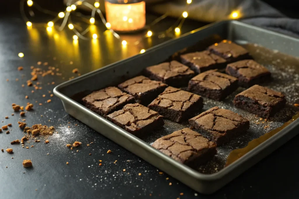 A baking tray of freshly baked brownies sits on a dark surface with sprinkled crumbs and glowing string lights in the background.