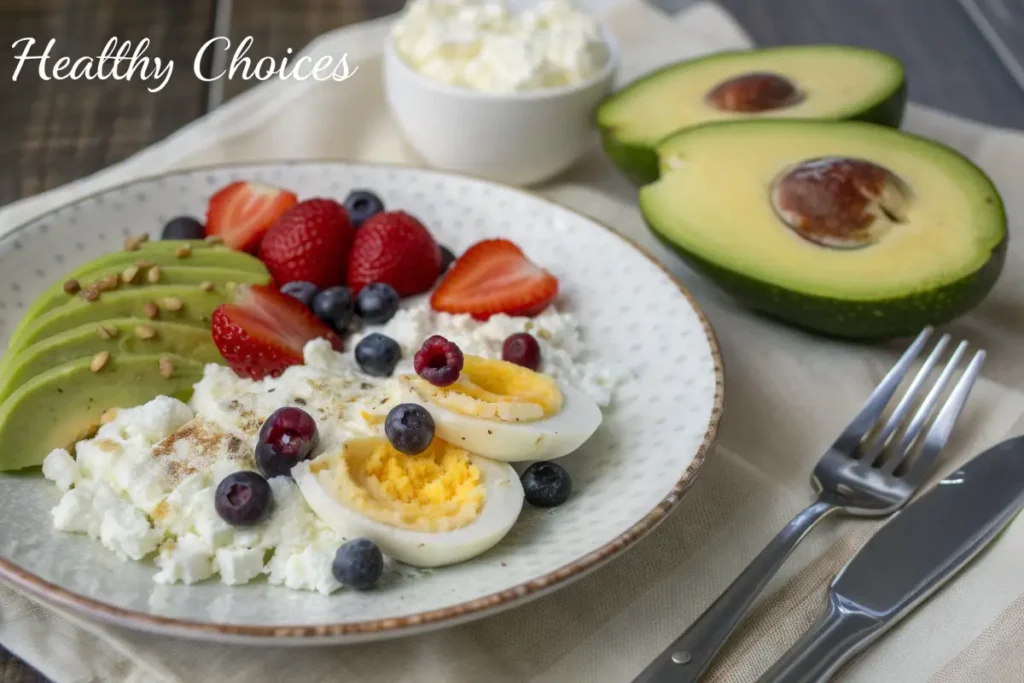 A plate of cottage cheese topped with sliced avocado, strawberries, blueberries, a sliced hard-boiled egg, and a sprinkle of spices sits next to sliced avocado and a small bowl of cottage cheese.