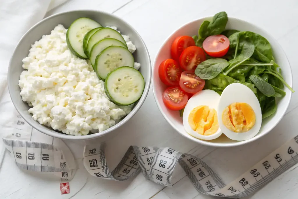 Two bowls of healthy food, cottage cheese with cucumber and a salad with boiled eggs and tomatoes, sit next to a tape measure.