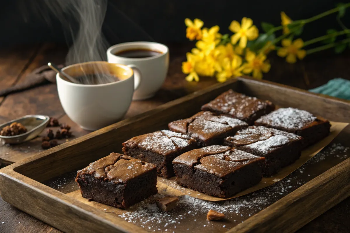 A wooden tray holds several square, fudgy brownies dusted with powdered sugar, next to two cups of steaming coffee.