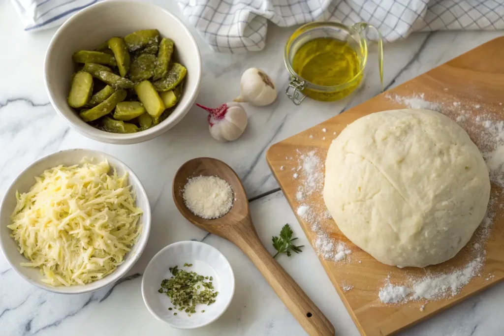 Ingredients : cheese bread are shown on a marble countertop.