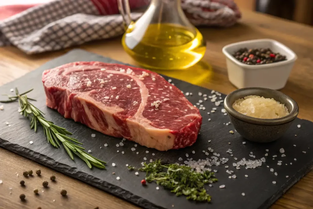 A raw ribeye steak seasoned with salt sits on a black slate plate.