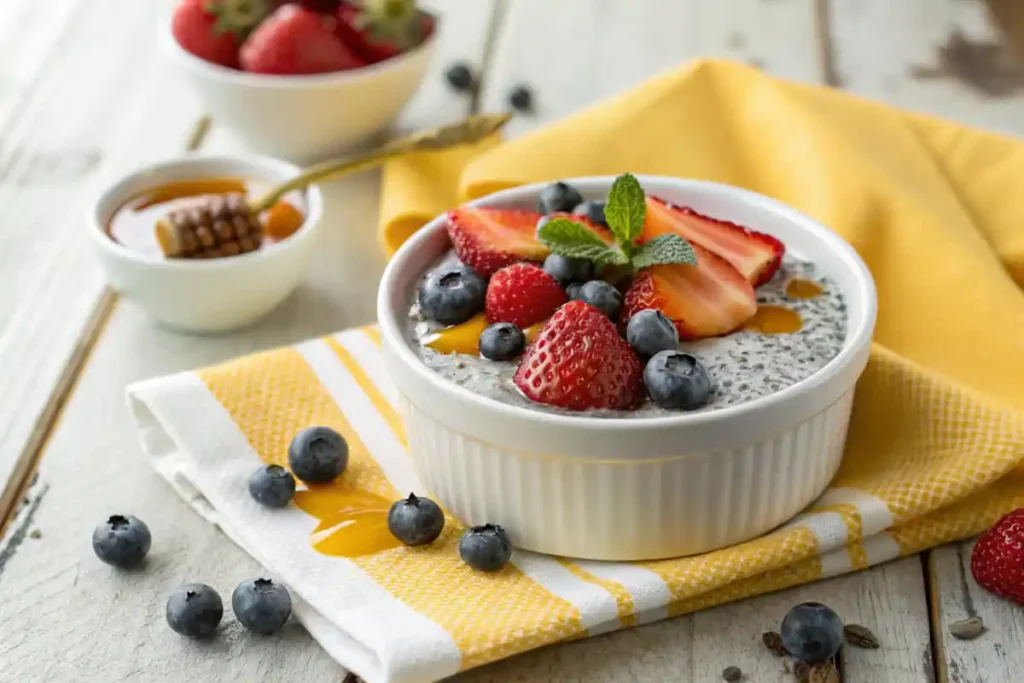 chia seed pudding : A white ceramic bowl filled with pudding, topped with fresh berries and honey