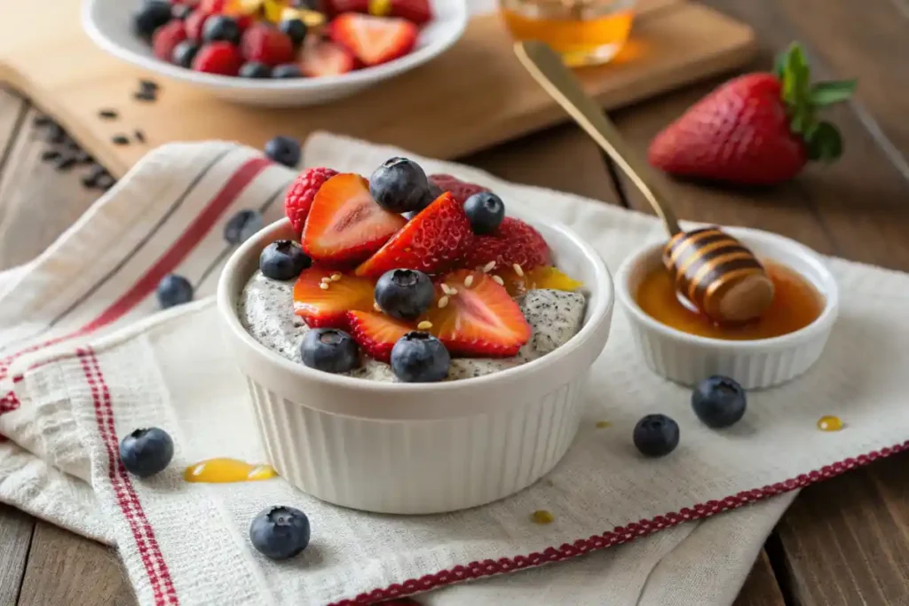 chia seed pudding : A white ceramic bowl filled with pudding, topped with fresh berries and honey.