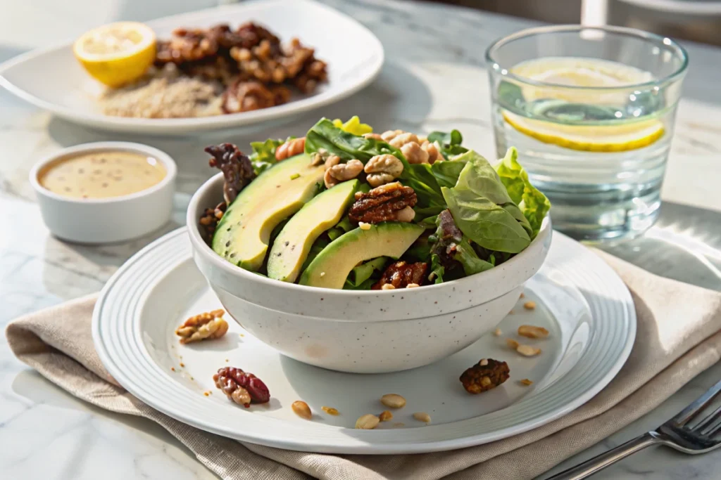 A healthy salad with avocado, nuts, and greens sits in a bowl on a table.