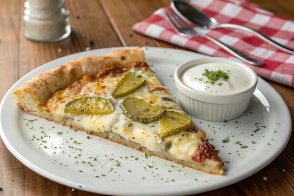 A slice of pizza topped with sliced pickles and melted cheese sits on a white plate next to a small bowl of white sauce.