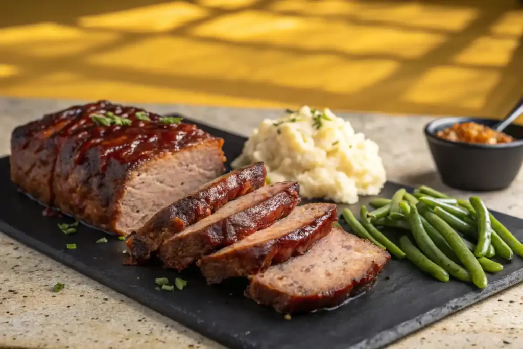 Sliced meatloaf served with mashed potatoes and green beans, plated elegantly on a black cutting board