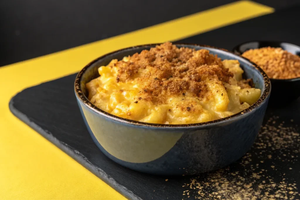 A bowl of creamy Smoked Mac and Cheese  topped with breadcrumbs sits on a black slate.