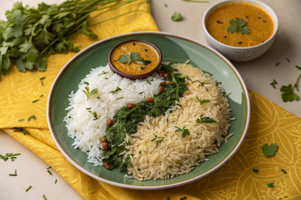 A plate with half basmati rice and half white rice arranged in a yin-yang pattern, with fresh herbs and a side of curry.