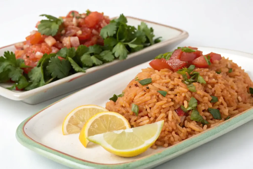 Ingredients for Mexican rice, including tomatoes, onions, garlic, chili powder, and rice.
