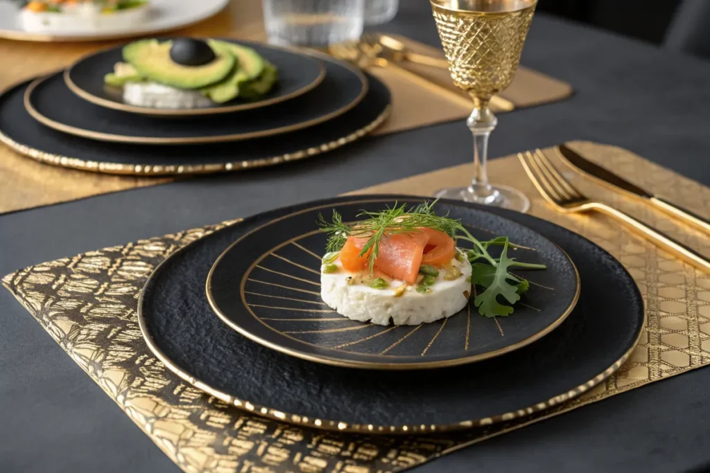 A small, round appetizer topped with smoked salmon sits on a black and gold plate.