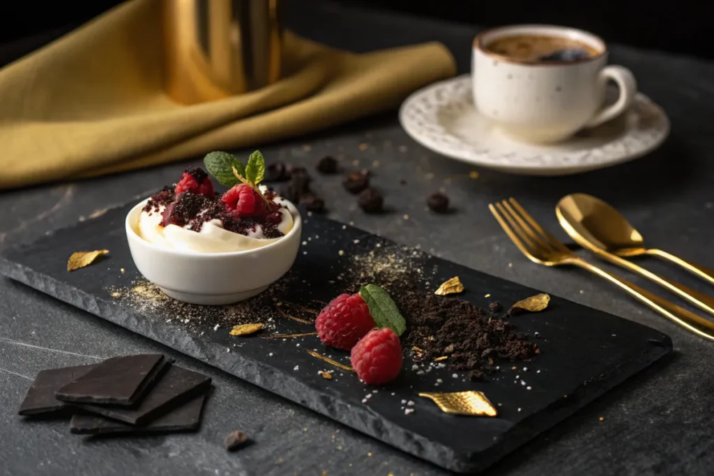 A small white bowl of dessert topped with raspberries and chocolate crumbs sits on a dark slate plate.