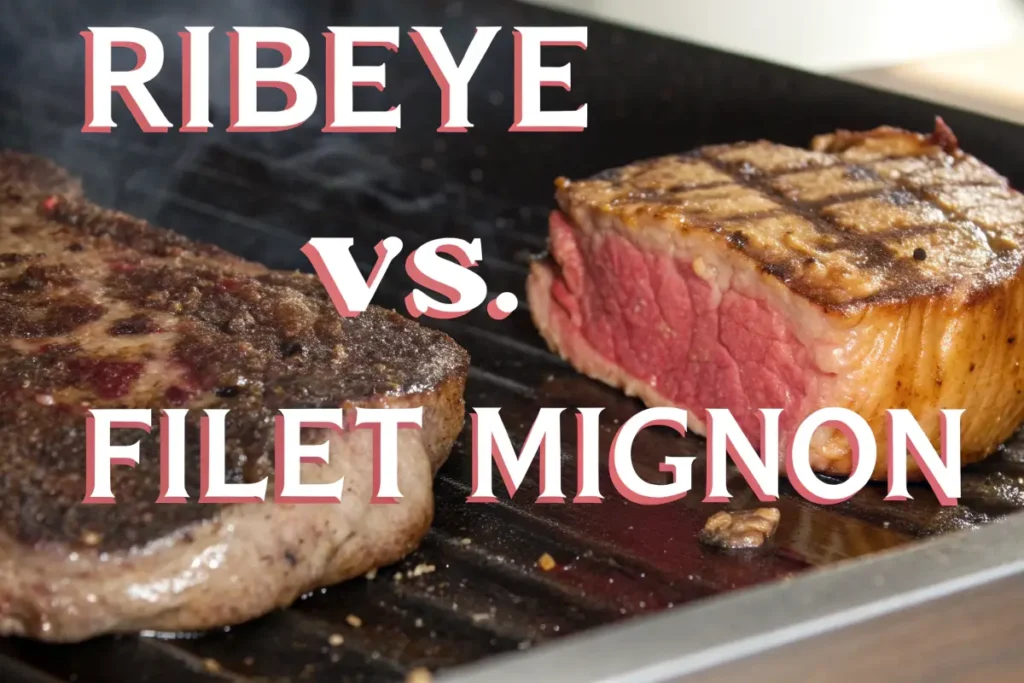 Two steaks, a ribeye and a filet mignon, are shown side by side on a grill.