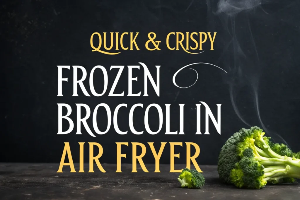 Freshly cooked broccoli sits on a dark surface with the words "Quick & Crispy Frozen Broccoli in Air Fryer" above.
