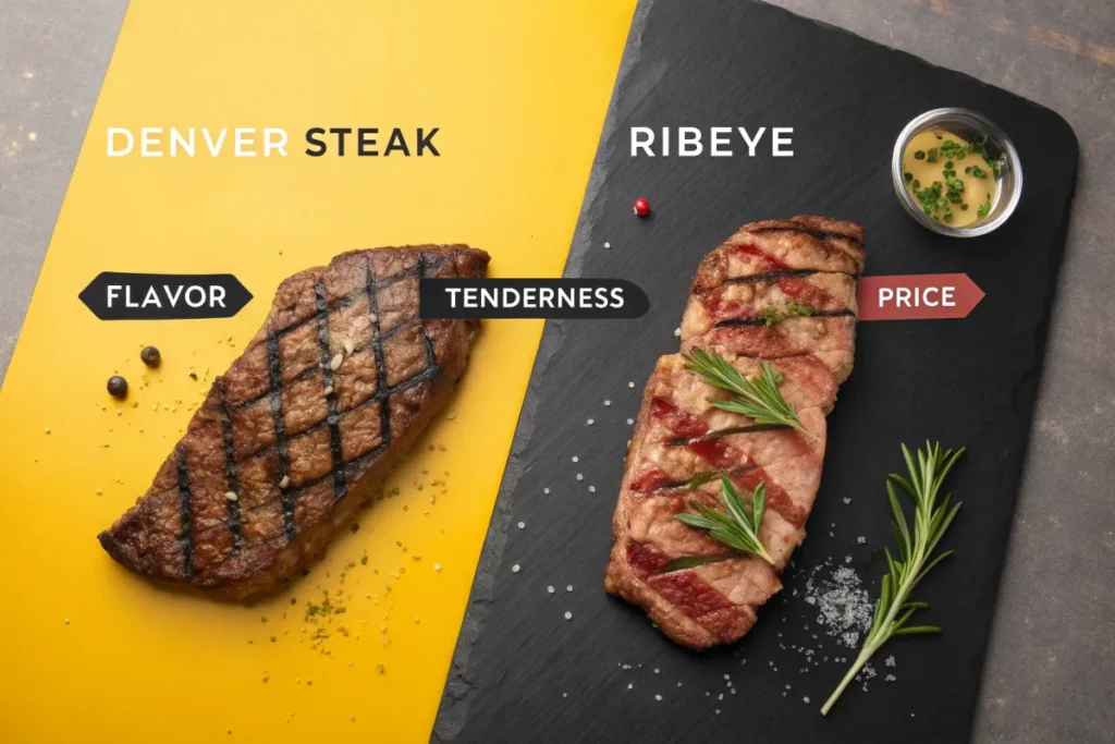 Two grilled steaks are presented side-by-side, one Denver and one ribeye, to compare their qualities.