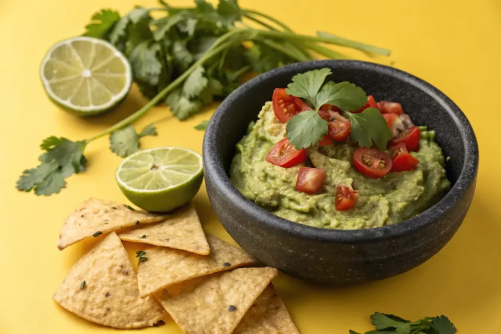 A bowl of guacamole topped with chopped tomatoes and cilantro sits on a yellow surface next to tortilla chips and lime wedges.
