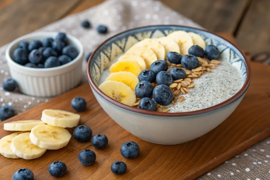 A bowl of chia seed pudding topped with banana slices, blueberries, and granola.