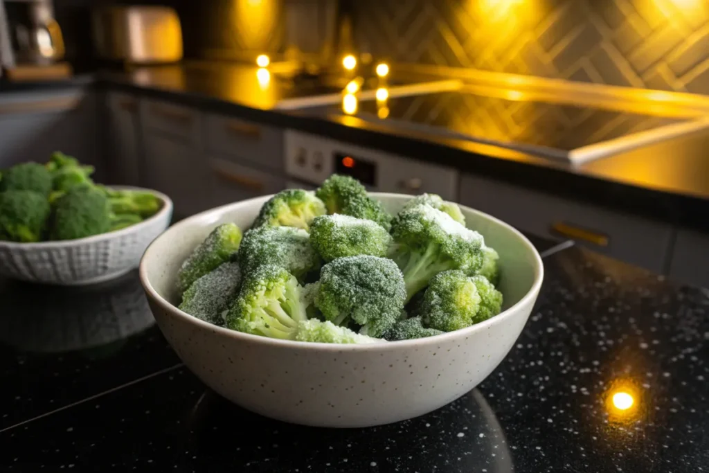 Frozen broccoli florets sit in a bowl on a kitchen counter.