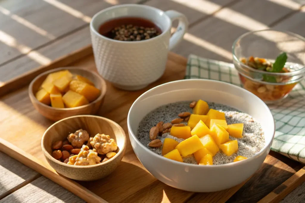 What Happens to Your Gut If You Eat Chia Pudding?: A breakfast tray holds a bowl of chia pudding with mango, nuts, a mug of tea, and small bowls of diced mango and candied nuts.