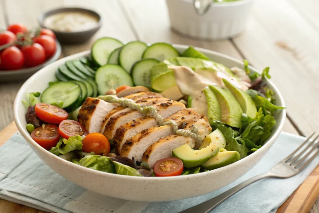 A healthy salad bowl is filled with sliced grilled chicken, avocado, cucumber, and cherry tomatoes.
