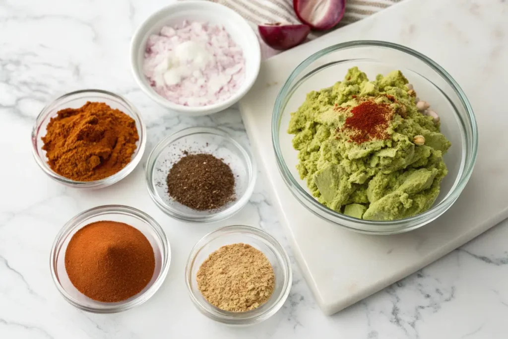 A bowl  avocado mixture sits next to small bowls of various spices.