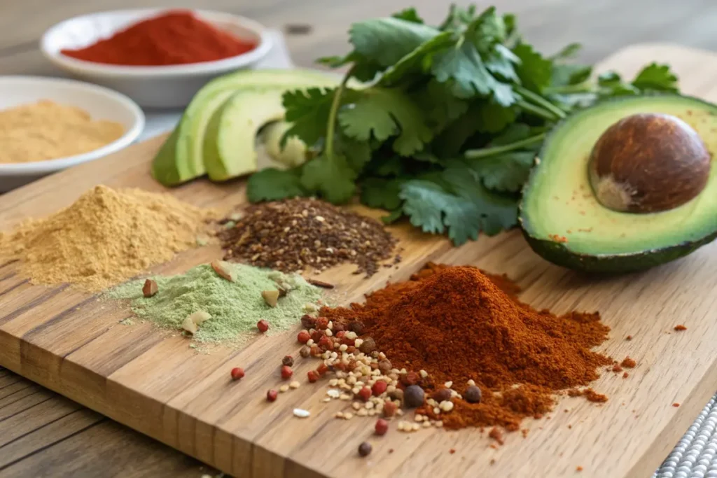 A wooden cutting board displays various spices, avocado, and cilantro.