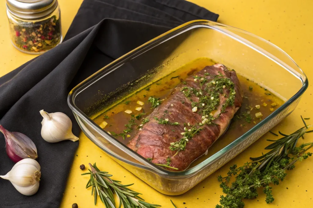 Marinated rolled Arm Roast sits in a glass baking dish, along with herbs and garlic.