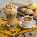 A tall glass of layered latte with whipped cream and caramel sits next to a cup of espresso and a plate of pastries.