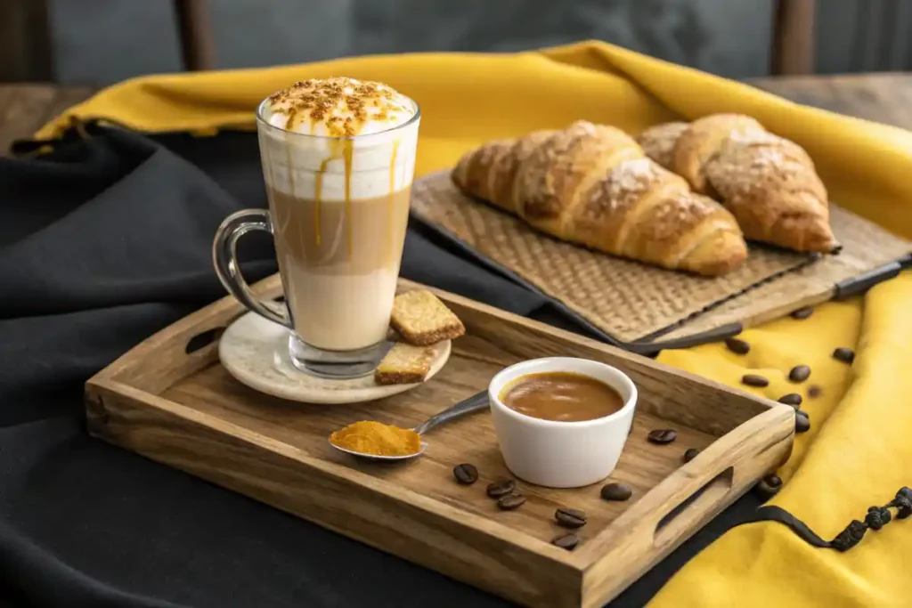 Caramel macchiato served with a croissant, biscotti, and a bowl of caramel sauce.