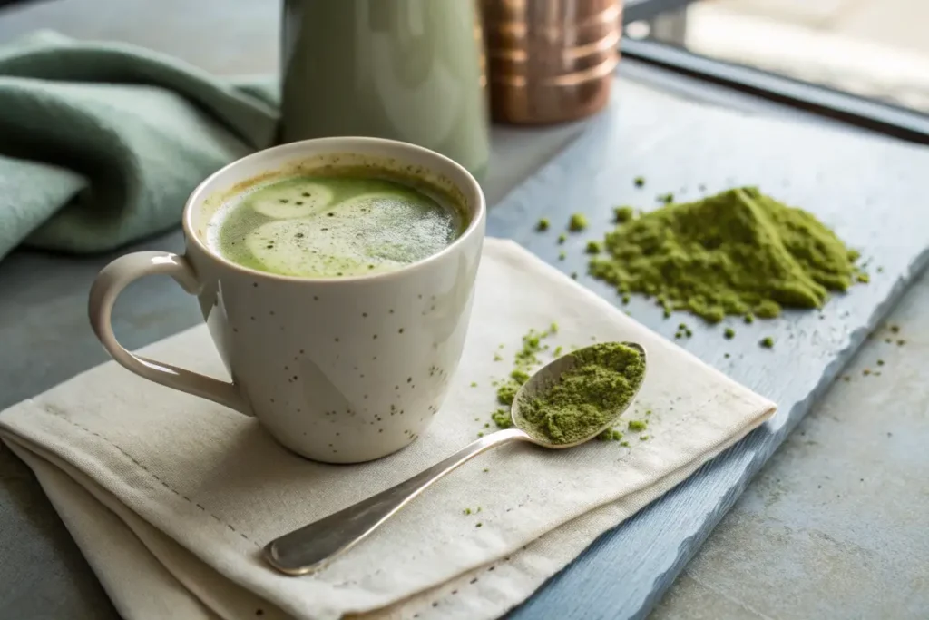 A mug of matcha latte sits on a cloth next to a spoon full of matcha powder.