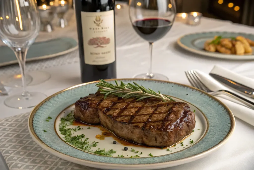A grilled meat garnished with rosemary sits on a plate.
