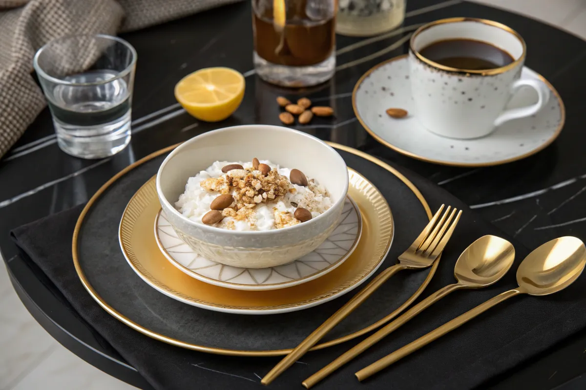 A bowl of rice pudding topped with almonds and granola sits on a gold and white plate next to gold cutlery, a cup of coffee, and a glass of water.
