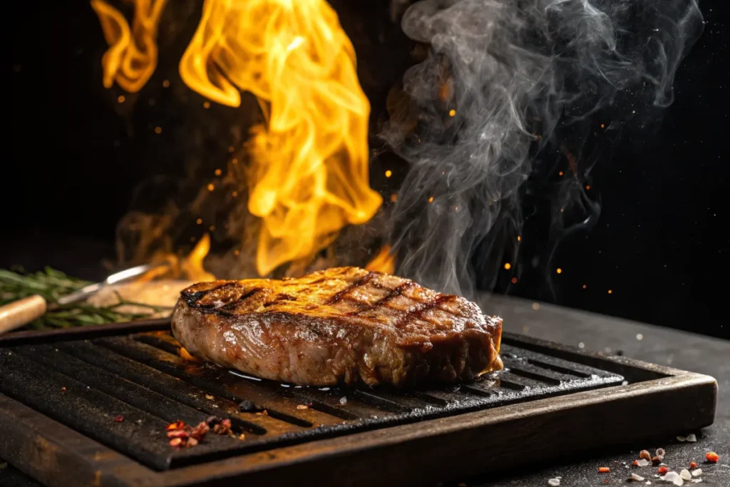 A juicy grilled steak sits on a grill with flames rising behind it.