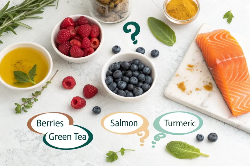  Anti-inflammatory diet Health benefits image depicts ingredients like salmon, blueberries, raspberries, and turmeric with text labels.