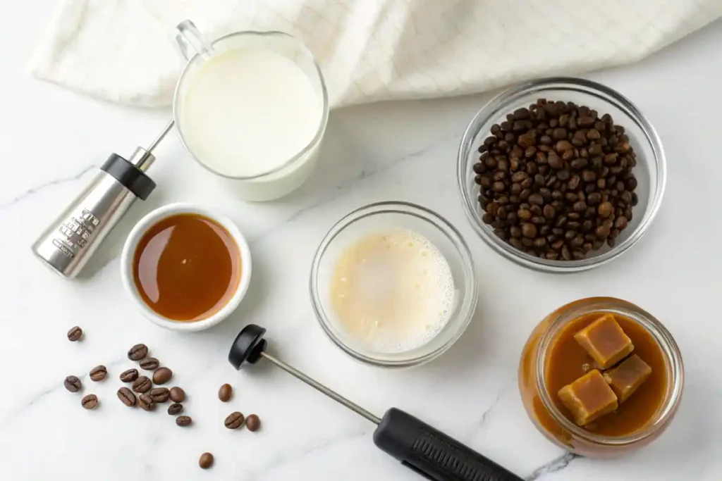 Ingredients for caramel macchiato: milk, espresso, and caramel sauce