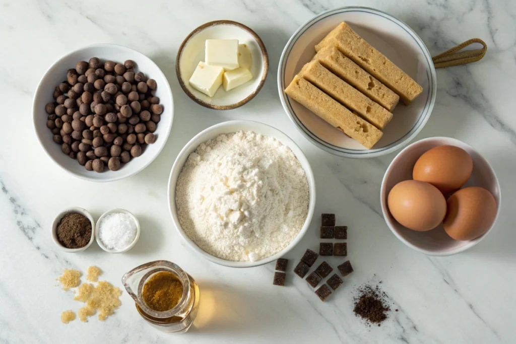  A flat-lay of essential baking ingredients, including flour, butter, sugars, eggs, and chocolate chips