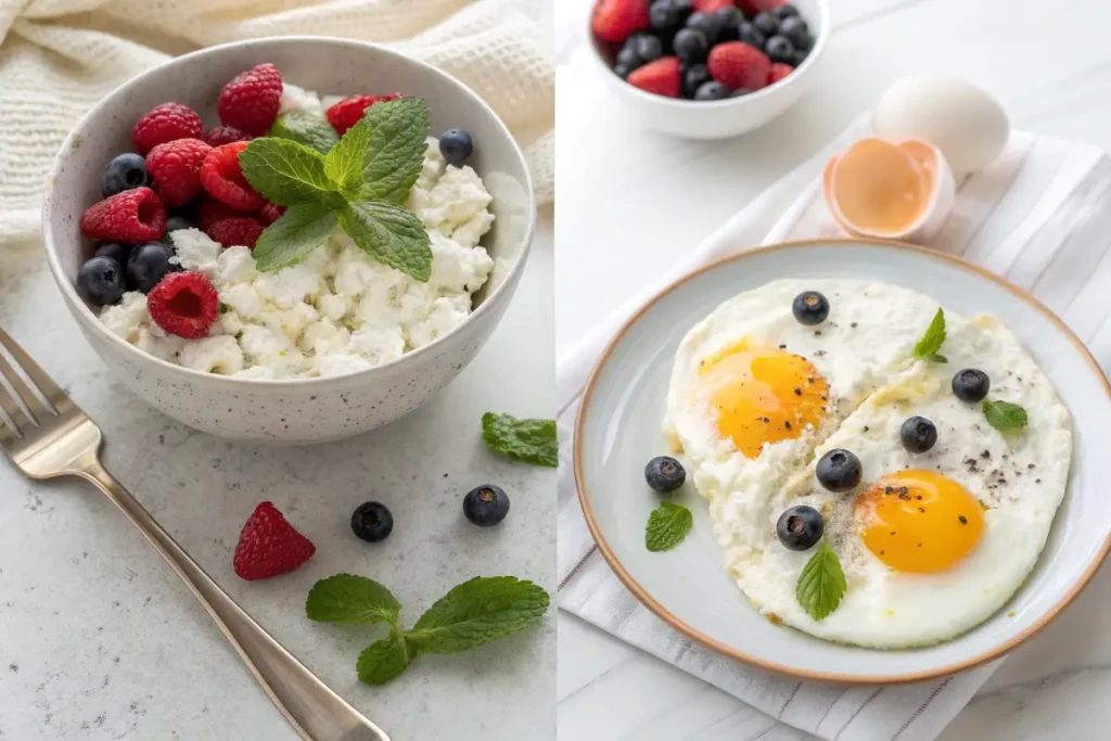 A collage of two images shows healthy breakfast options: cottage cheese with berries and mint, and fried eggs with berries and mint.